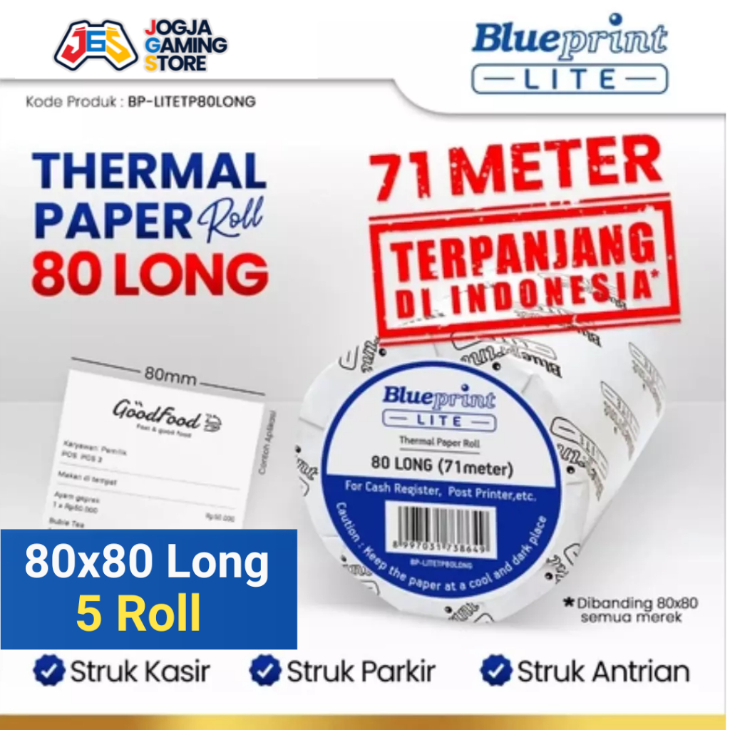 

Kertas Thermal Roll Struk Kasir PPOB BLUEPRINT LITE 80x80 mm Long - 80 Long Panjang 71 Meter - 5 Roll
