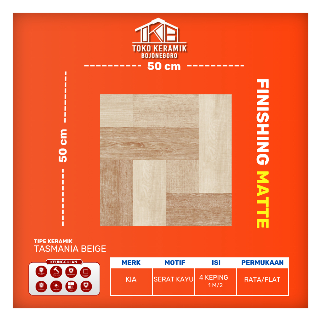 Keramik Lantai Matte Motif kayu 50x50 cm KIA Tasmania Beige