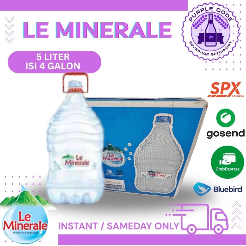 

(INSTANT READY) Le Minerale Galon 5 liter dan kemasan Dus isi 4 per Karton - READY Lemineral Air Minum Kemasan Botol Galon Minuman Kardus