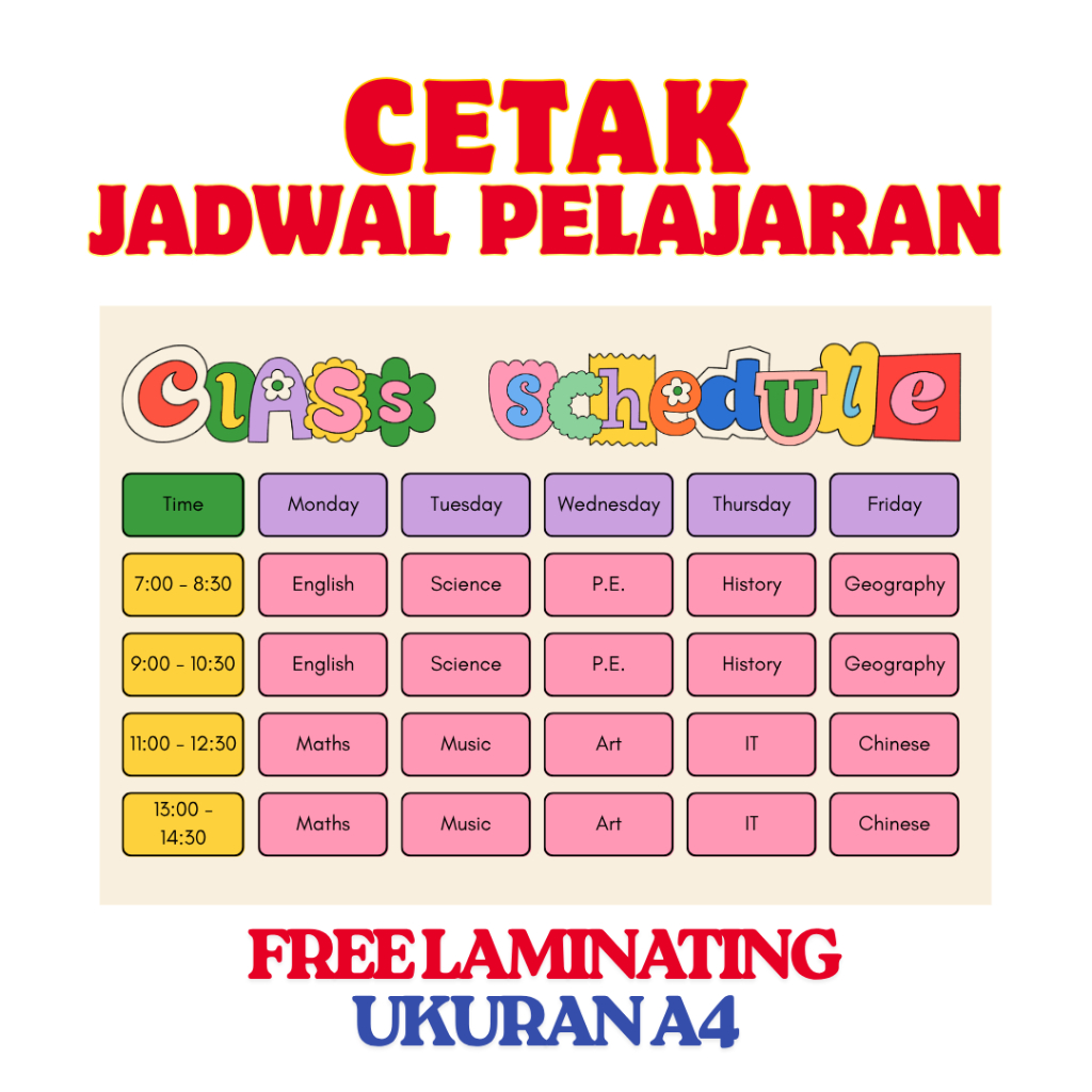 

Cetak Jadwal Pelajaran Jadwal Piket Ukuran A4 Free Laminating