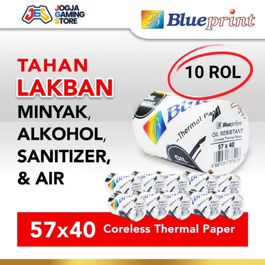 

KERTAS THERMAL / KERTAS KASIR STRUK POS BLUEPRINT 57x40 mm Oil Resistant TAHAN LAKBAN - 10 Roll