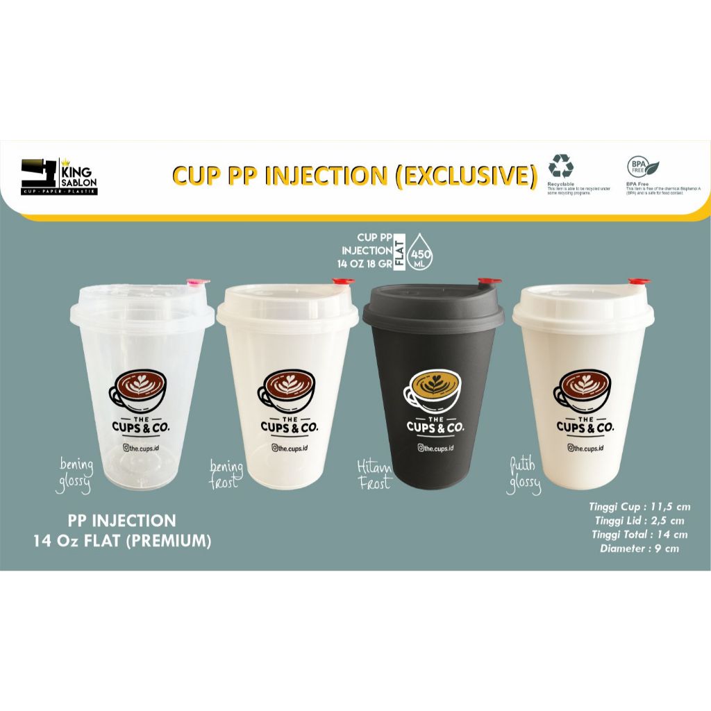 SABLON CUP PP INJECTION 14 oz FLAT CUP REUSABLE SIPPY CUP INJECT 400 ML