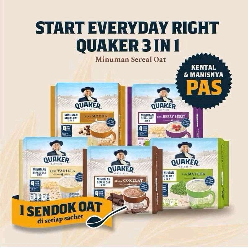 

QUAKER OATMEAL 3IN1 INSTAN RASA VANILA / COKLAT 1 PACK ISI 8 SACHET