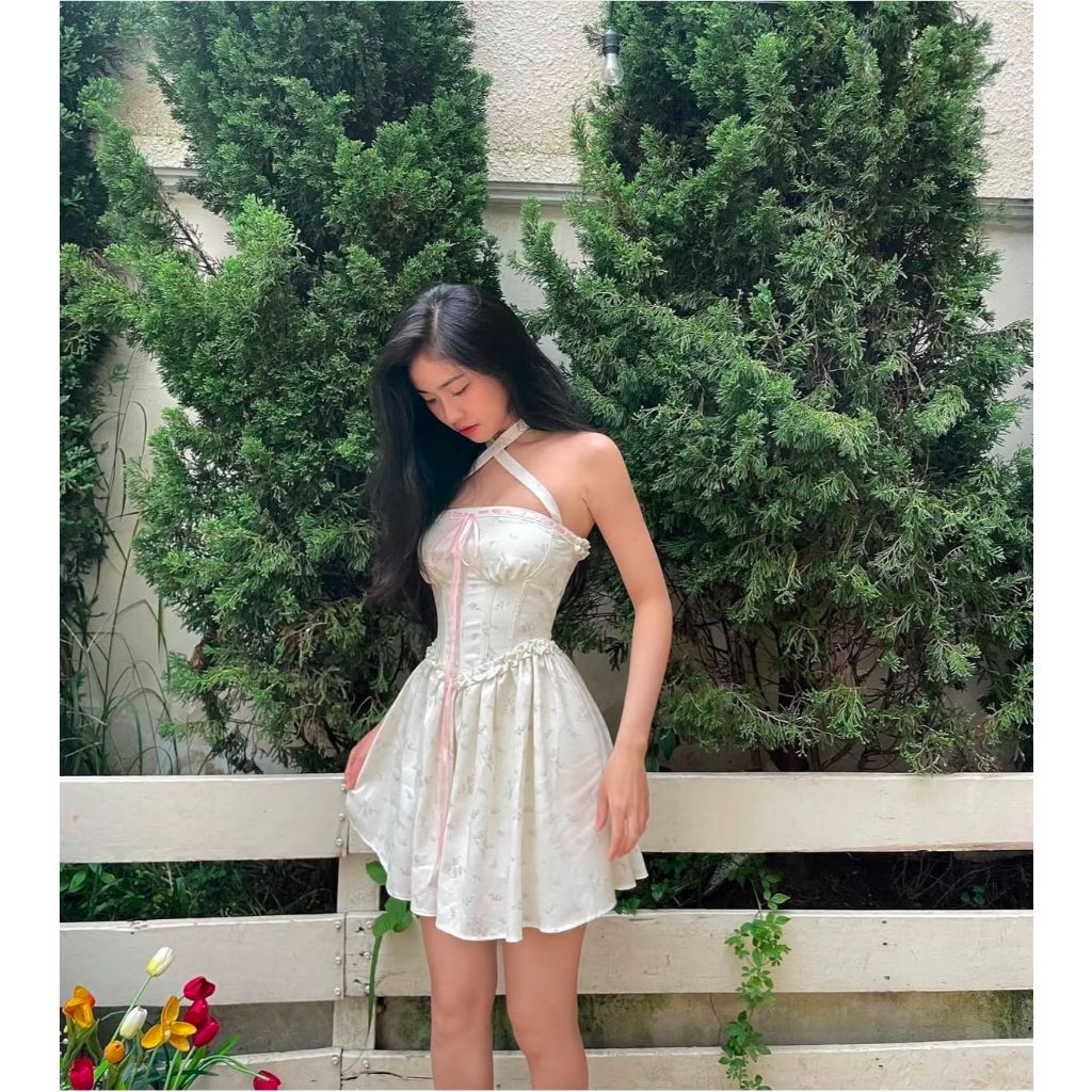 Dress Halter Neck Pink Ribbon || White Halter Neck