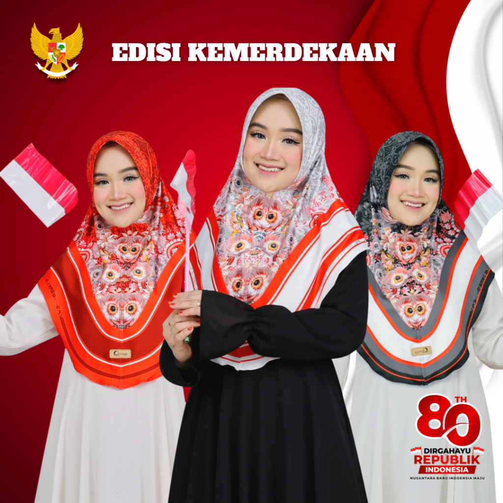 Hijab Bergo Edisi Kemerdekaan Motif 17 Agustus Jilbab Instan Jarsey Premium Kerudung Merah Putih