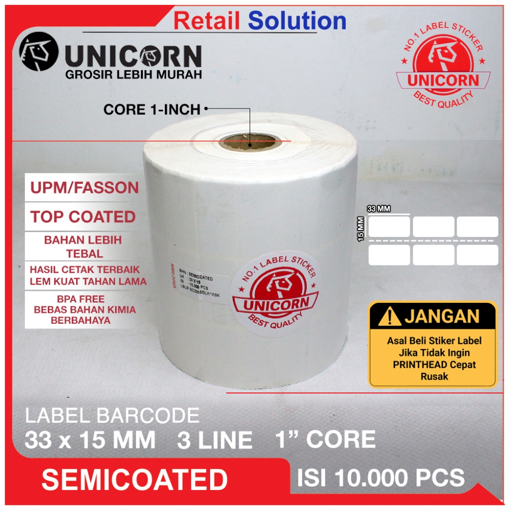 

Stiker Label Barcode Semicoat Semicoated - UK 33x15mm 33 x 15 mm 33x15 mm 3 Line isi 10000