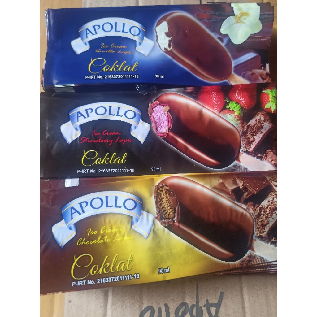 

kemasan eskrim stik Apolo lapis coklat bungkus eskrim isi 100 lpc
