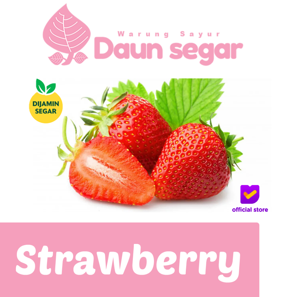 

Strawberry Ciwidey Bandung Grade A 1kg Buah Stroberi Manis Rasa Lezat Siap Makan - Daun segar