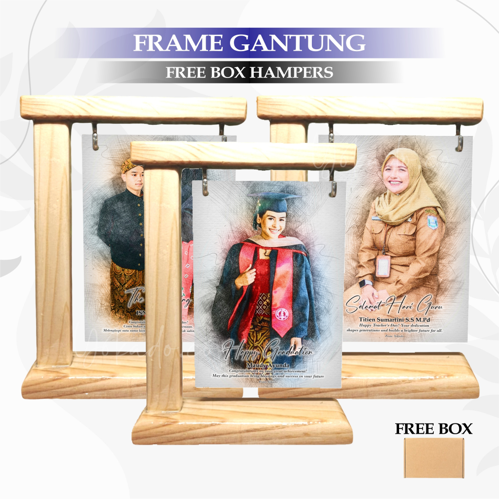 Pigura kayu Gantung akrilik + Custom Foto sketsa GRATIS BOX, Untuk Kado Wisuda, Kado Hari Spesial, k