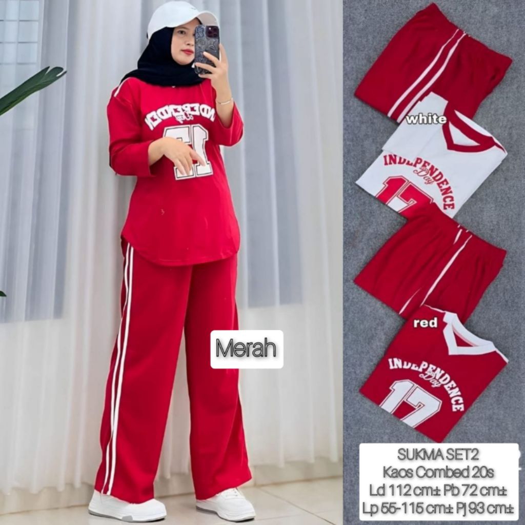 Set Celana Combed Two Tone Merah Putih // One Set Combed 20s Kekinian Kemerdekaan 17 Agustus // One 