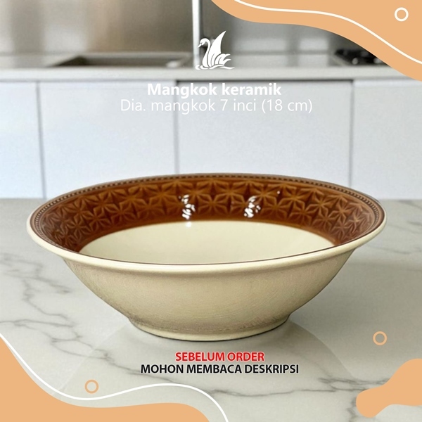 Mangkok keramik coklat list lebar motif batik kawung