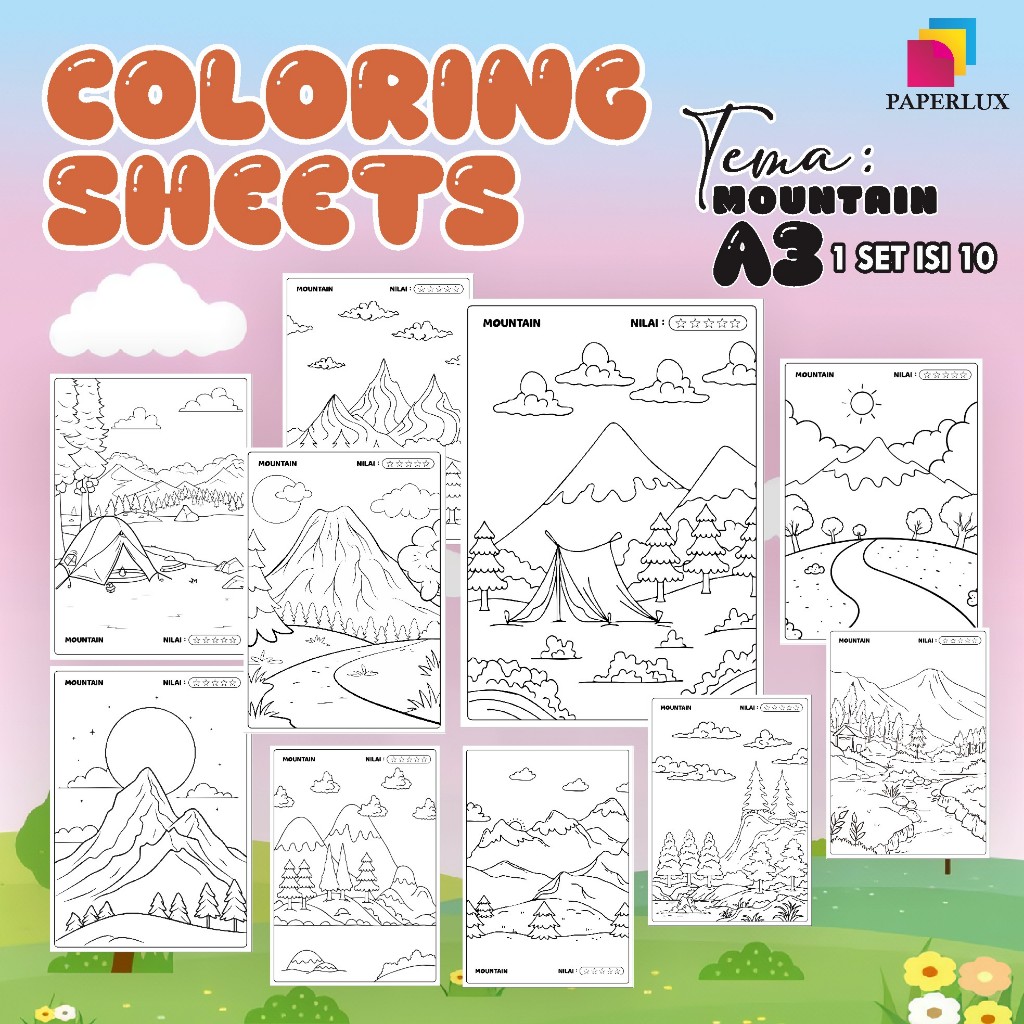 

KERTAS GAMBAR MEWARNAI TEMA PEMANDANGAN - LEMBAR COLORING SHEETS FOR KIDS ISI 10 LEMBAR [A3] READY