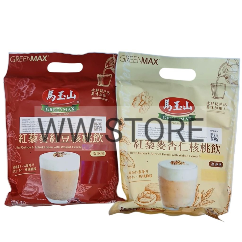 

Serbuk minuman sereal serealia kinoa merah biji aprikot / kacang merah dengan kenari Taiwan GREENMAX GREEN MAX Red Quinoa Apricot Kernel / Adzuki Bean Beans with Walnut Cereal 360g ( 12x30g )