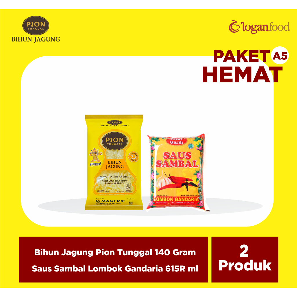 

PAKET HEMAT (A5) - BIHUN JAGUNG PION KUNING - SAUS SAMBAL LOMBOK GANDARIA 615R
