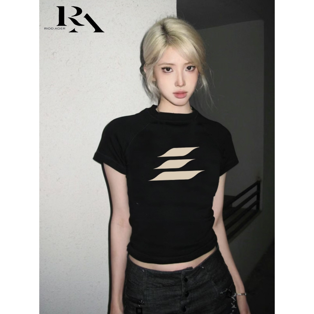 RIOD AOER baju atasan wanita terbaru Kaos bahu lurus hitam wanita musim panas gaya jalanan Amerika l