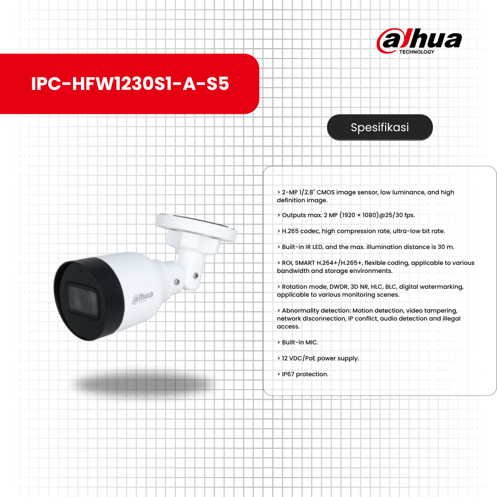 CCTV DAHUA IP CAM DH-IPC-HFW1230S1-A-S5 2MP AUDIO IP CAMERA DAHUA / Dahua DH-IPC-HFW1230S1-A-S5