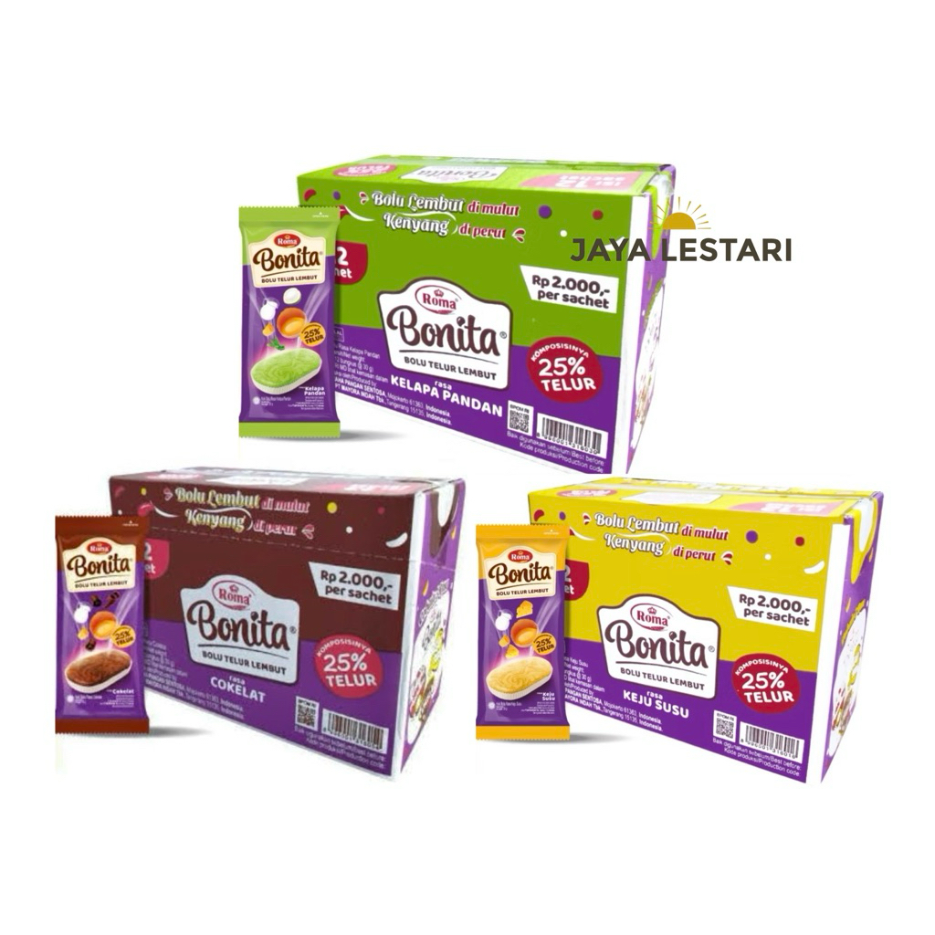 

Roma Bonita Bolu Telur Lembut Box (Isi 12 Sachet/Box) (12x30g) (3 Varian Rasa)