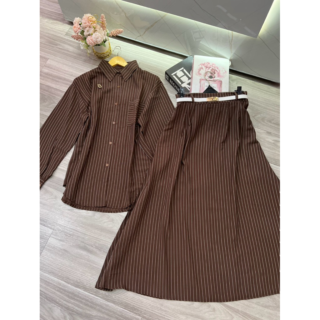 Stelan Wanita Katun Linen Twill Salur Set Premium