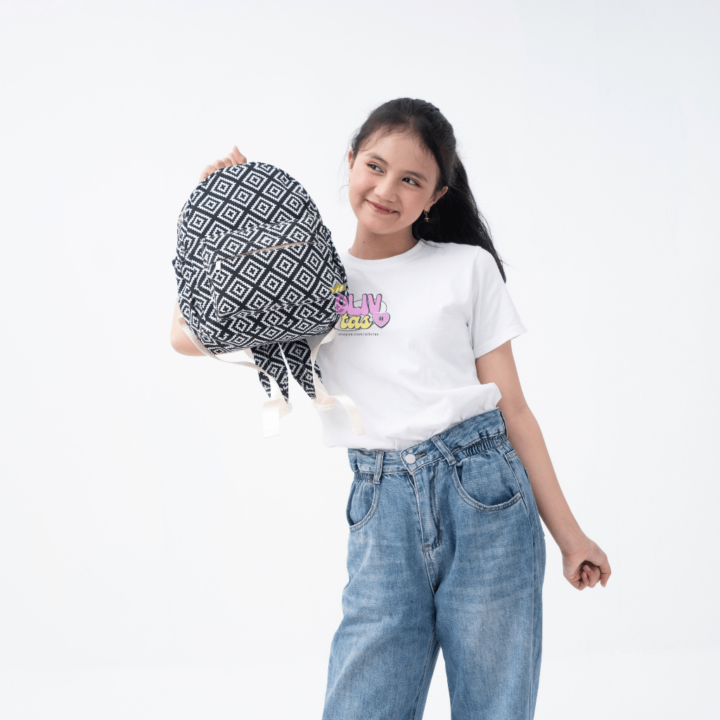 Oliv Tas Ransel Mini Wanita Kanvas Tas Cewek Kecil Motif Garis