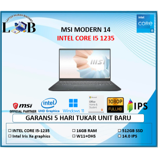 MSI MODERN 14 I5 1235 16GB 512GB W11+OHS 14.0FHD IPS BLIT GARANSI RESMI MSI