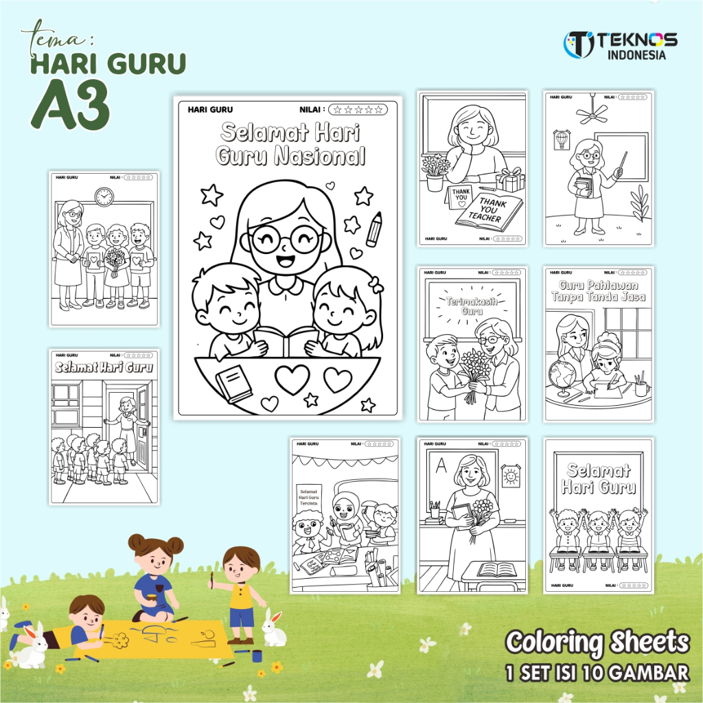 

[HARI GURU] KERTAS GAMBAR ANAK PAUD/TK - LEMBAR MEWARNAI 10 LBR - COLORING SHEET A3