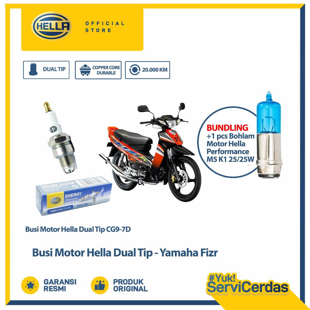 Busi Motor Yamaha FIZR Hella Dual Tip CG9-7D Bundling Bohlam Motor M5 12V 25/25W 4500K-1 - Lampu Mot