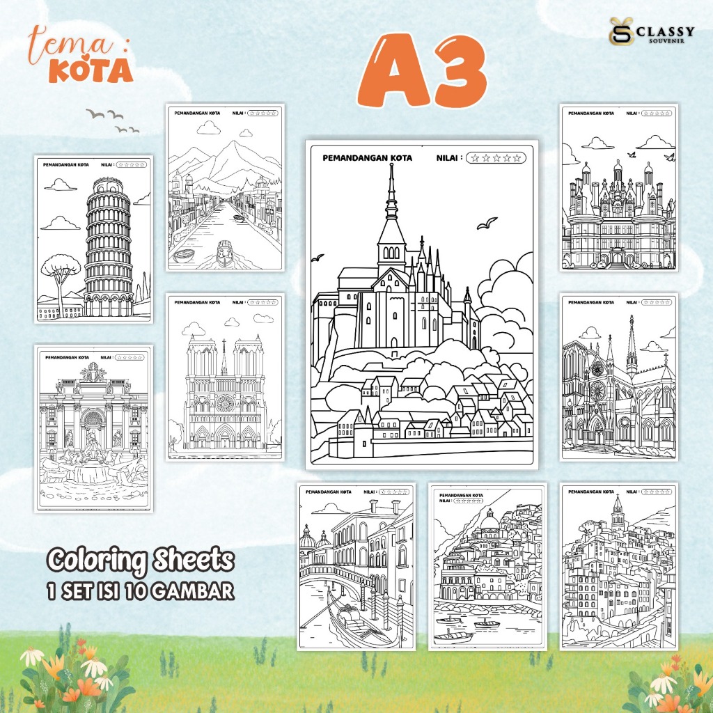 

LEMBAR GAMBAR MEWARNAI ANIMASI ANAK 1 SET ISI 10 GAMBAR - [TEMA KOTA] - COLORING SHEETS FOR KIDS A3