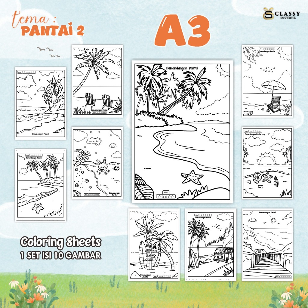 

LEMBAR GAMBAR MEWARNAI ANIMASI ANAK 1 SET ISI 10 GAMBAR - [TEMA PANTAI 2] - COLORING SHEETS FOR KIDS A3