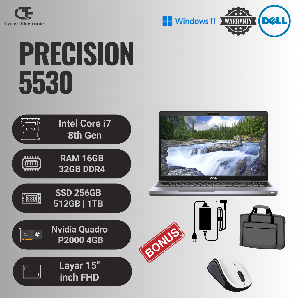 Laptop Dell Precision 5530 Intel Core i7 Gen 8 RAM 32GB SSD 1TB VGA Nvidia Quadro P2000 4GB Layar 15