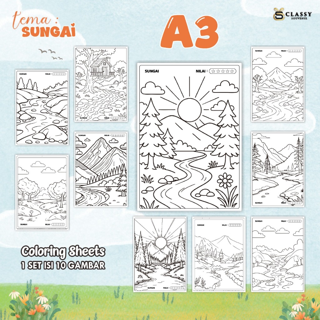 

LEMBAR GAMBAR MEWARNAI ANIMASI ANAK 1 SET ISI 10 GAMBAR - [TEMA SUNGAI] - COLORING SHEETS FOR KIDS A3