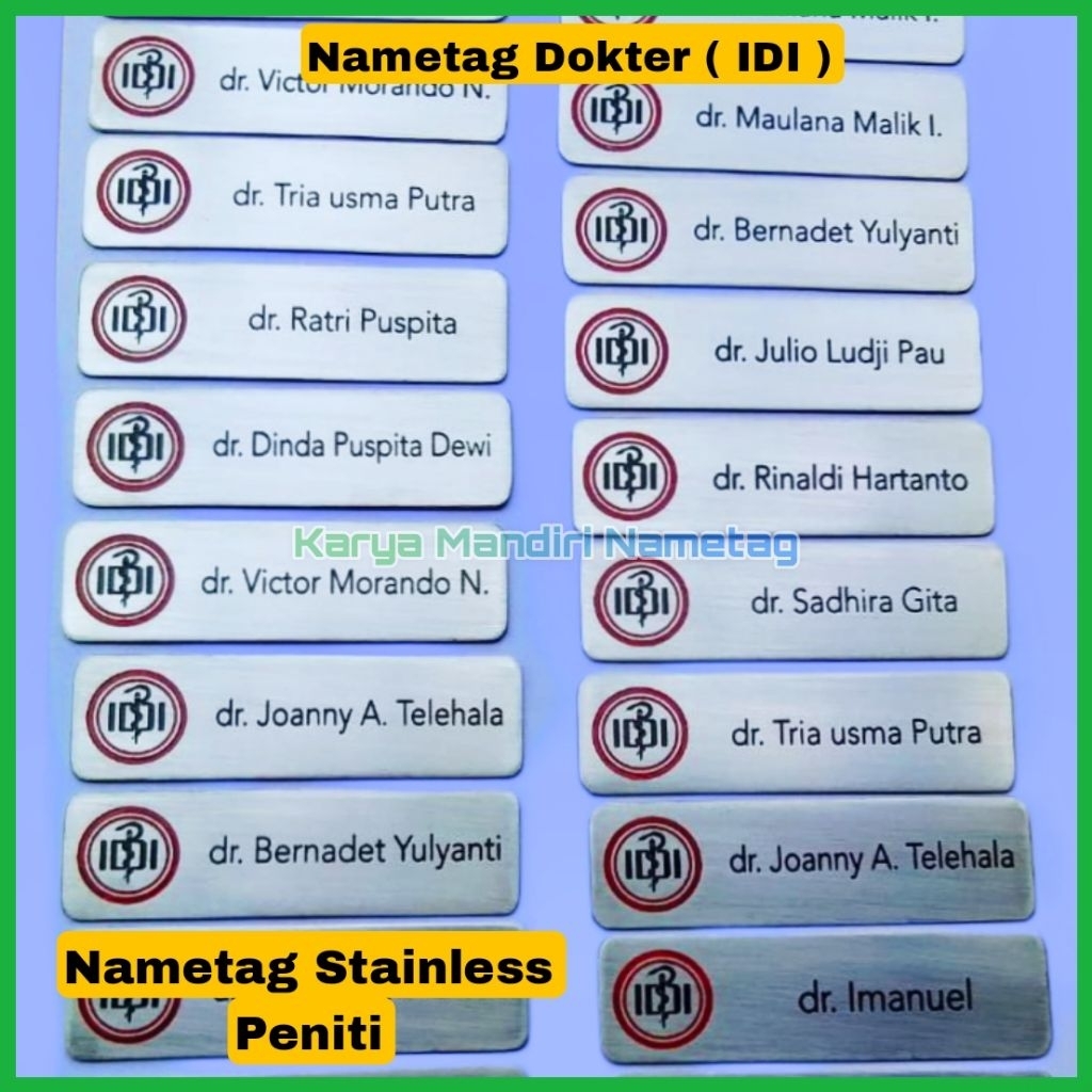 

Nama Dada Nametag Stainless Dokter Perawat PENITI – Nametag Custom Etching Logo IDI Awet & Elegan