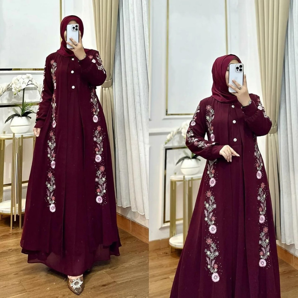 Nara Dress Kondangan Ceruty Babydoll Gamis Bordir 2 layer Gamis Pesta Mewah Elegan Terbaru L XL XXL