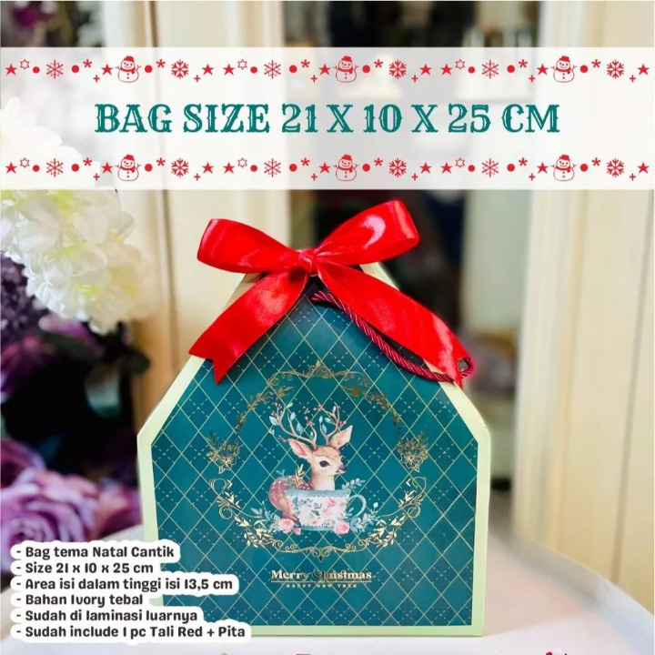 

paperbag tali unik natal motif reindeer tas bingkisan gift xmas rusa size 21x10x13cm