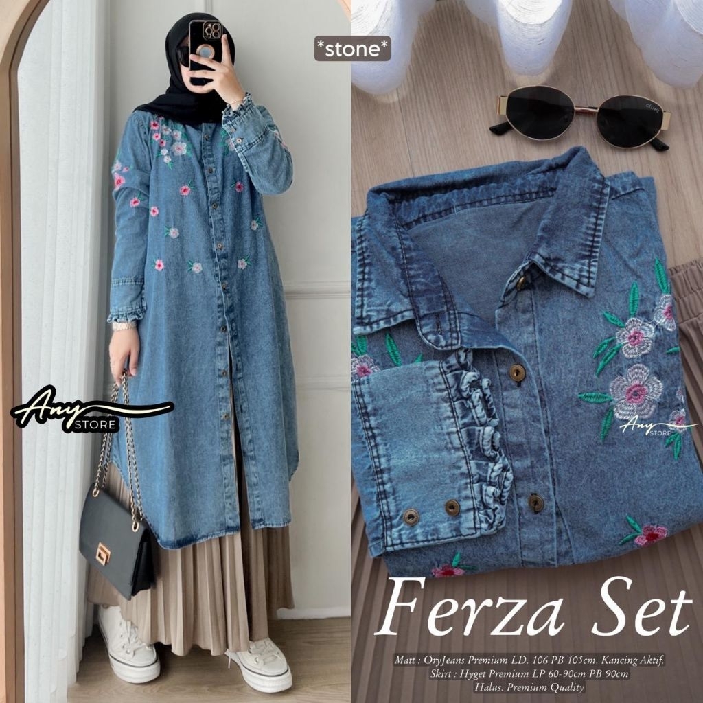 ferza tunik jeans bordir one set rok jeans by A.N.Y kemeja stripe baju kemeja wanita one set wanita 