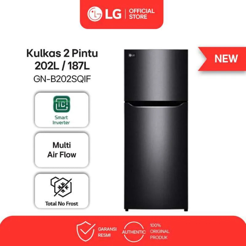 LG GNB202SQIF Kulkas 2 Pintu 202/187 Liter 70 Watt No Frost Smart Inverter Kompresor Black Series