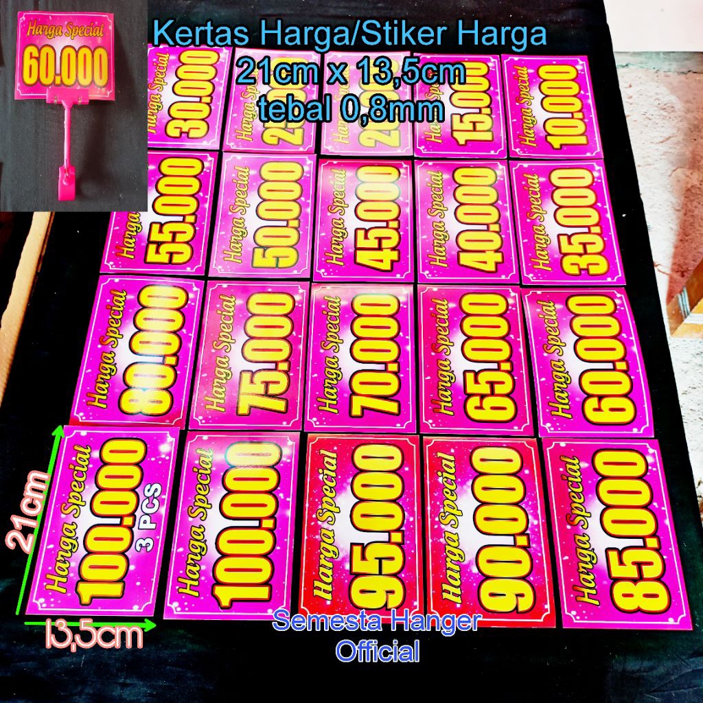 

Kertas Harga/Stiker Harga 10000,15000,20000,25000,30000,35000,40000,45000,50000,55000,65000,70000,75000,80000,85000,90000,95000,100000,100000/3pcs ukuran 21cm x 13,5cm tebal 0,8mm