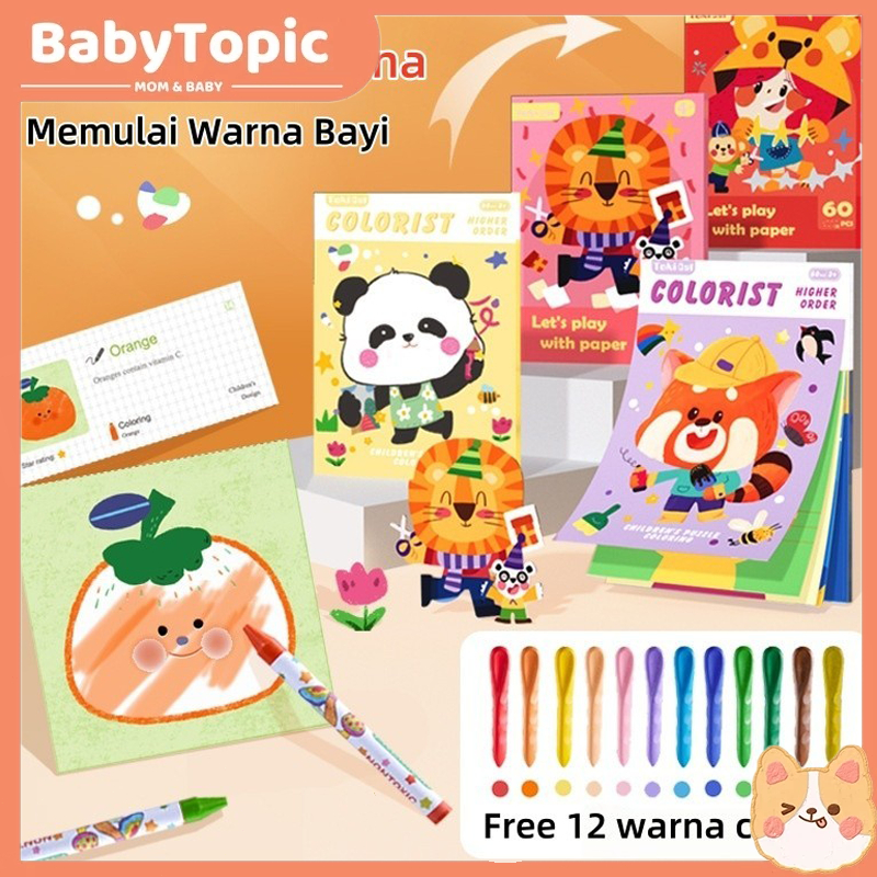 

【Free 12pcs crayons】Anak-anak mewarnai buku teka-teki grafiti Buku Mewarnai Anak 60 Pages Kertas Berbagai Tema/ Buku Mewarnai