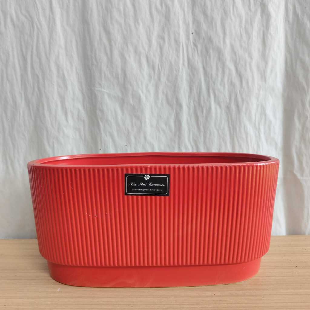 Pot keramik Pot tanaman hias pot bunga model oval panjang warna merah