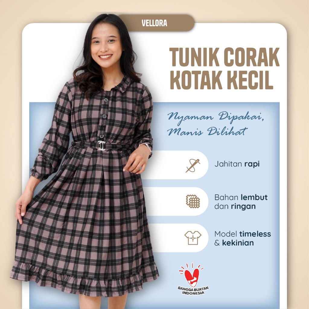 Tunik Kerah Beltring Motif Kotak Kecil Bahan Voxy Premium Tunik Cantik Vellora