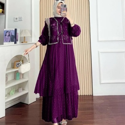 Gamis Brokat Wanita Modern Mewah Elegan Terbaru Sella Dress BC Bahan Tille Mix Brukat Full Puring Ap