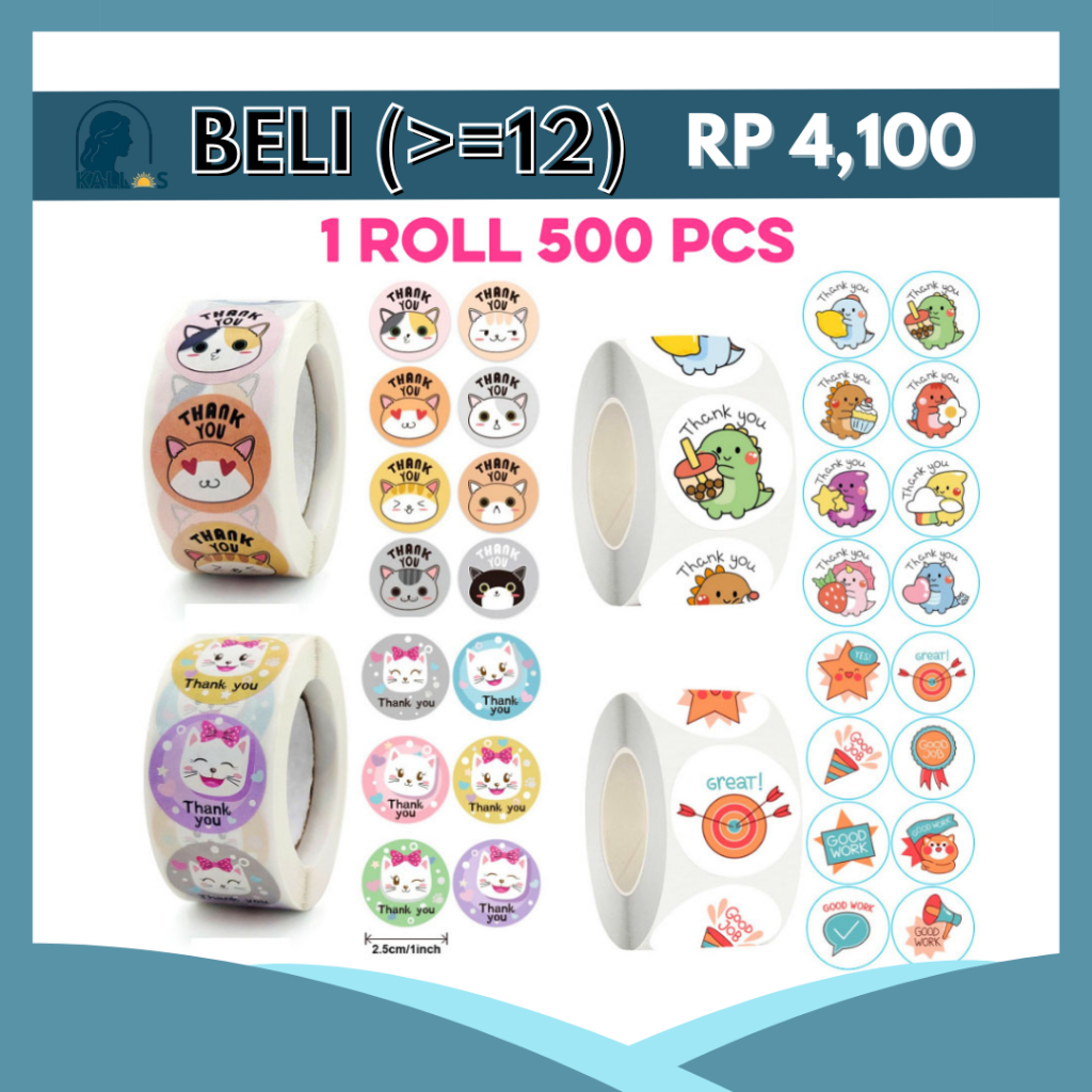 

500 Pcs Stiker Label Thank You Estetik Kartun Bulat 2.5cm Untuk Packaging Kemasan Produk ST001