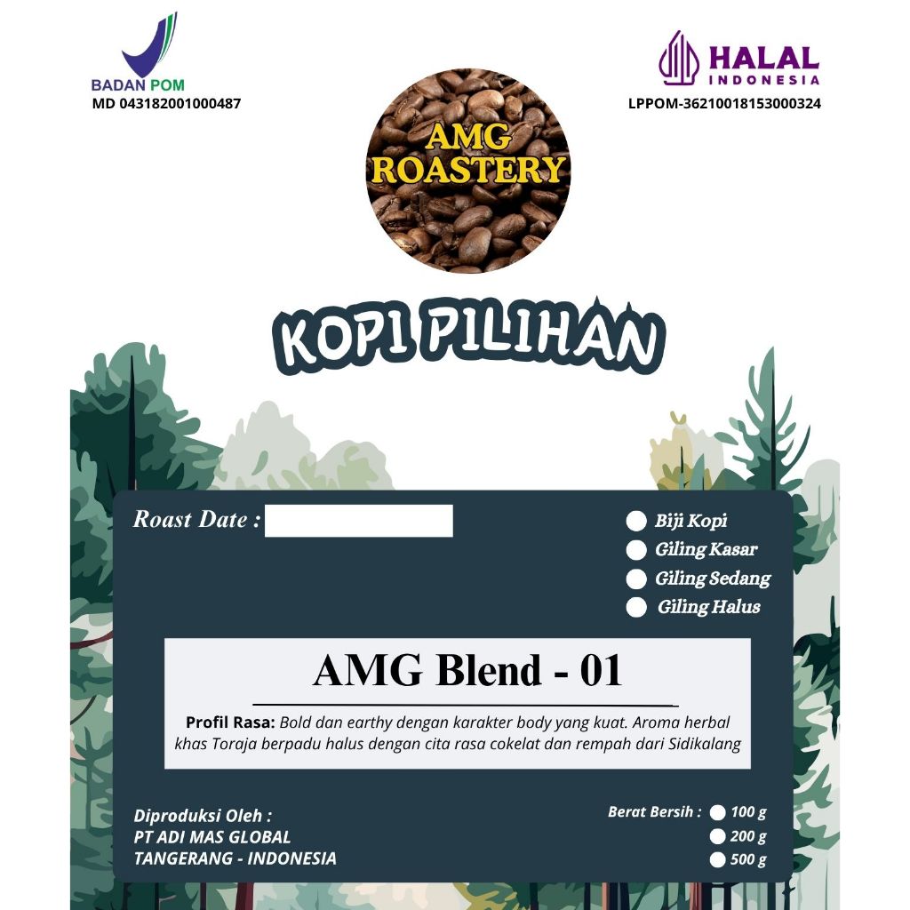 

Kopi Premium Blend AMG-01/Arabika Sidikalang & Toraja – Biji atau Bubuk - 100g / 200g / 500g – Fresh Roast, Halal & BPOM