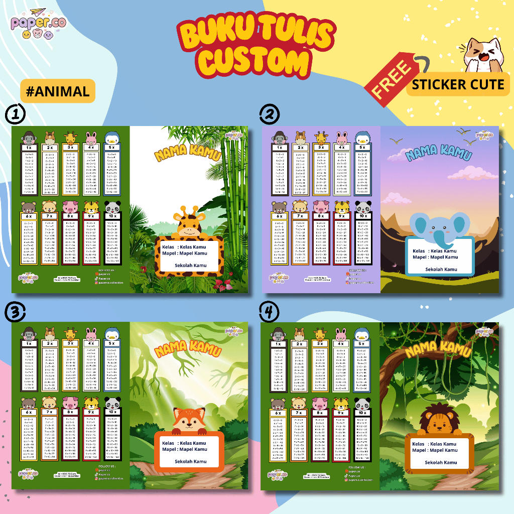 

(#D) Buku Tulis Animal Cewek/Cowok CUSTOM NAMA, MAPEL, KELAS, SEKOLAH, DAN KARAKTER LUCU (FREE STICKER)