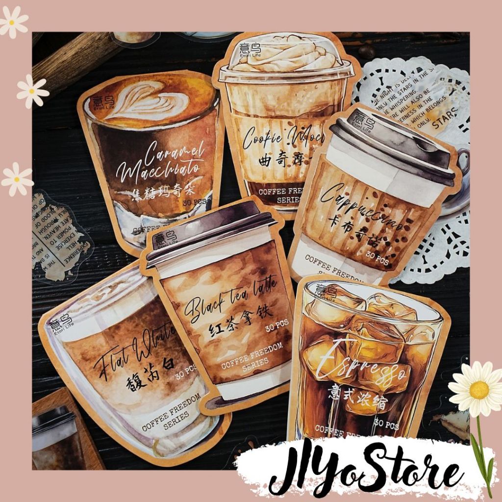 

30pcs Stiker Sticker Cofee Series Anti Air Bujo Journal Jurnal Scrapbook Diary Love Aesthetic DIY