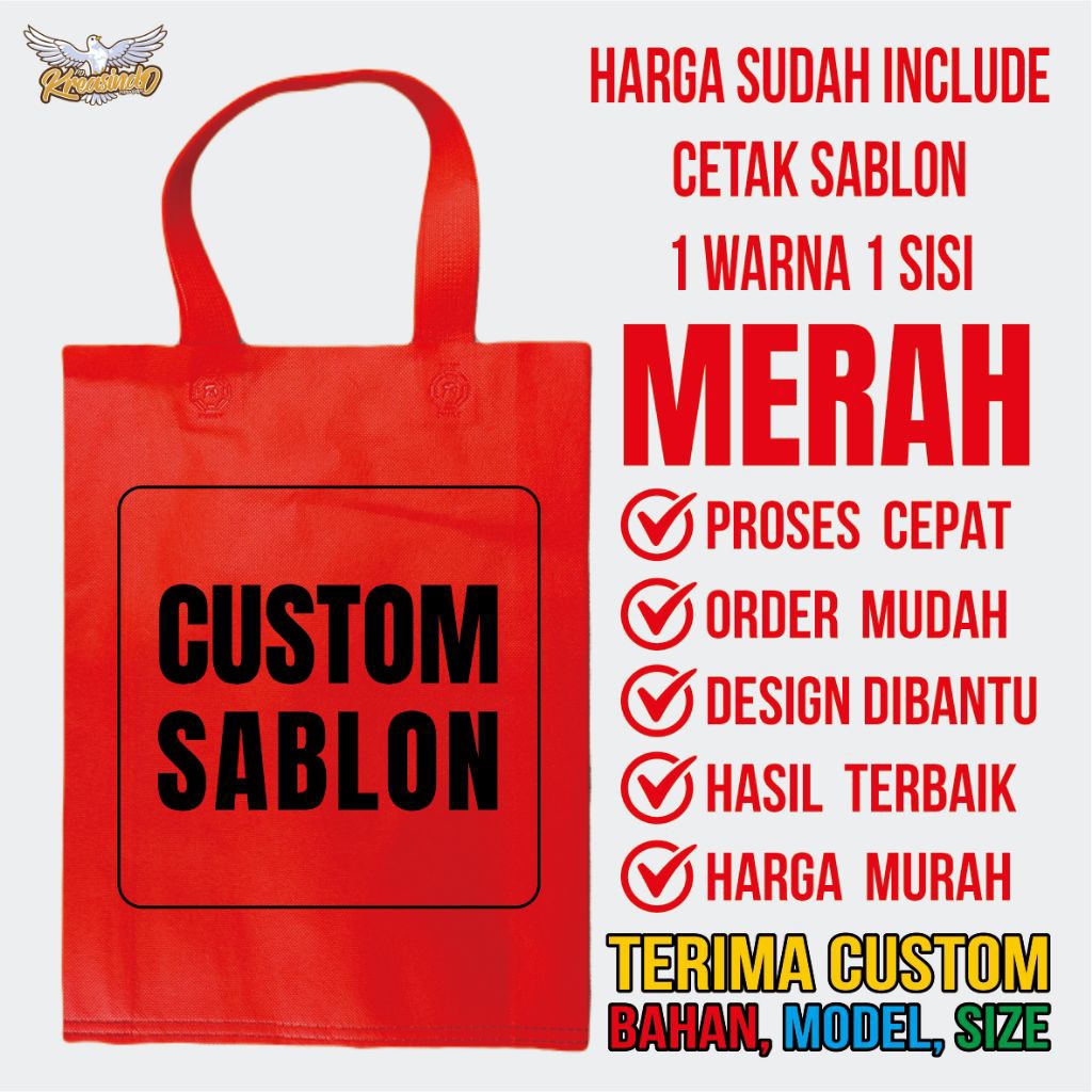 

Tas Kain Spunbond Sablon 25x35 / Goodie Bag Custom Free Gratis Sablon Murah Cepat