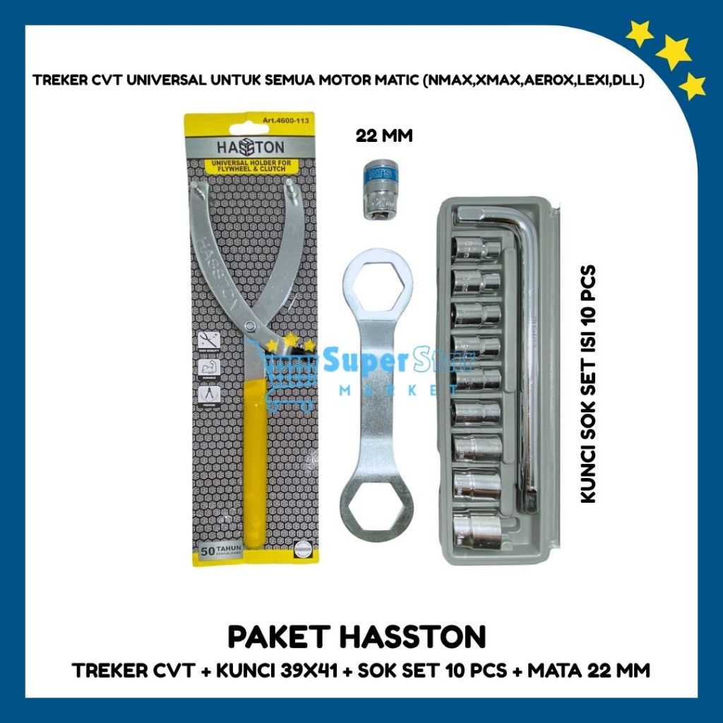 PAKET HASSTON Treker CVT Motor + Kunci 39 X 41 + Sok Set 10 Pcs + FREE Mata Sok 22 MM / Paket Bongka