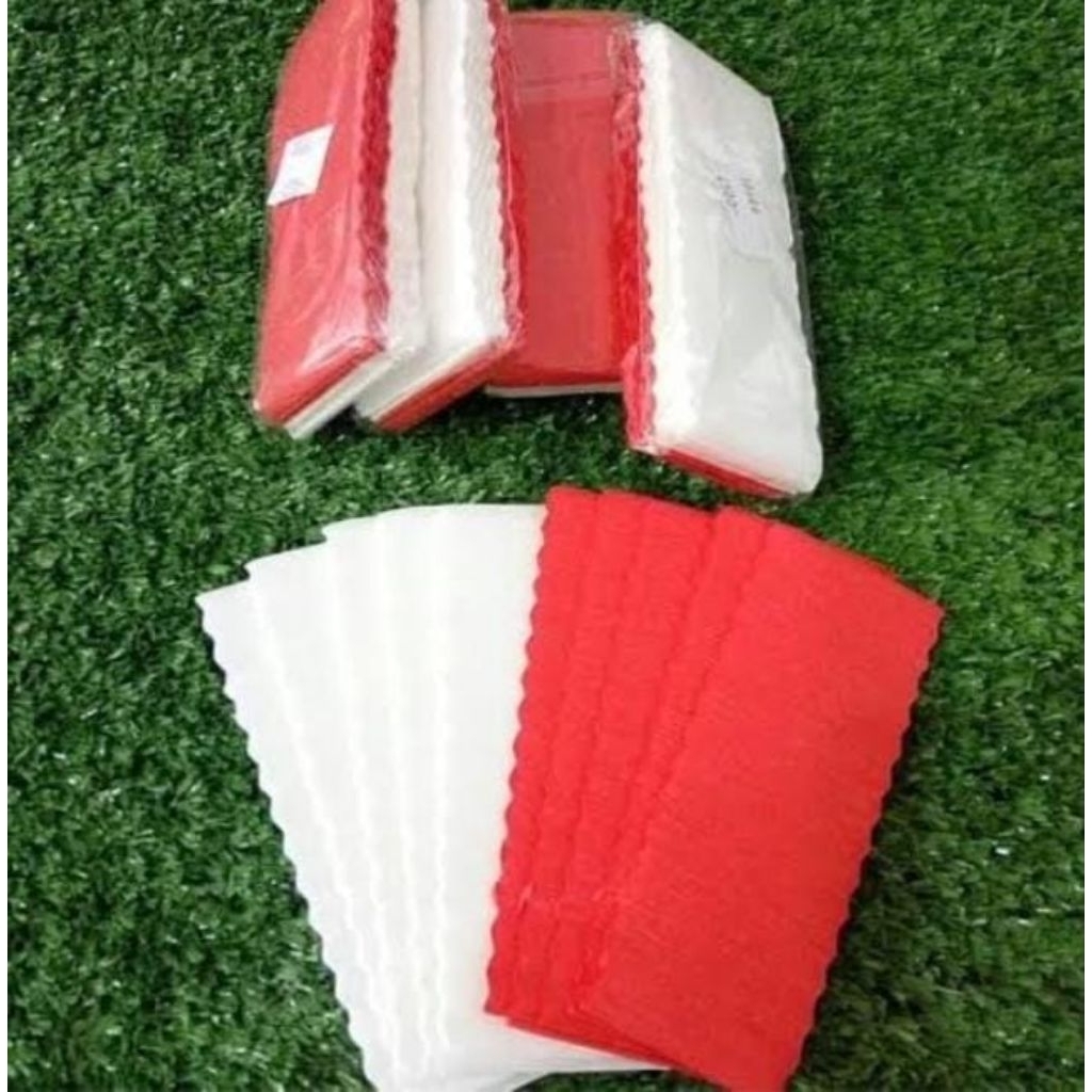

1 pack 10 lembar, panjangnya 2 meter lebar 4cm 5 merah dan 5 putih