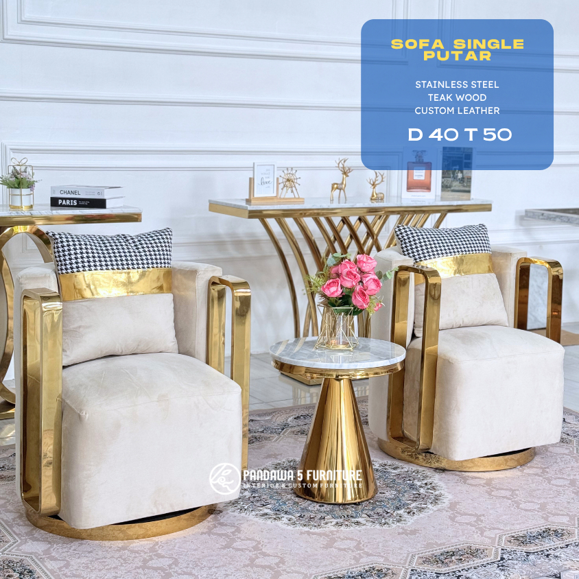 SOFA SINGLE PUTAR SET 2 KURSI + 1 MEJA STEINLESS STEEL TOP MARMER CARARA