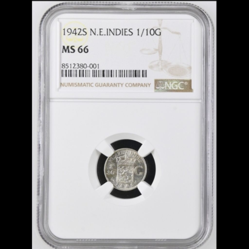 NGC KOIN PERAK NETHERLAND INDIES 1/10 GULDEN 1942S NGC MS 66