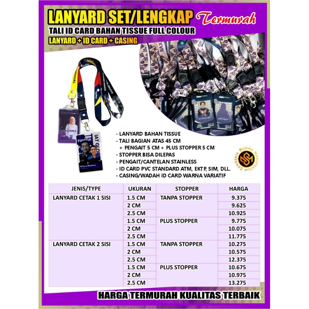 

[TERMURAH] Lanyard Set Tali ID Card Paket Kartu Casing Frame Custom Tissue Tisu Kalung Full Colour - Lebar 1 CM 2 CM 2,5 CM Cetak 1/ 2 Sisi Plus/Tanpa Stopper